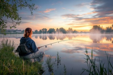 Quiet morning fishing by the tranquil lake at sunrise