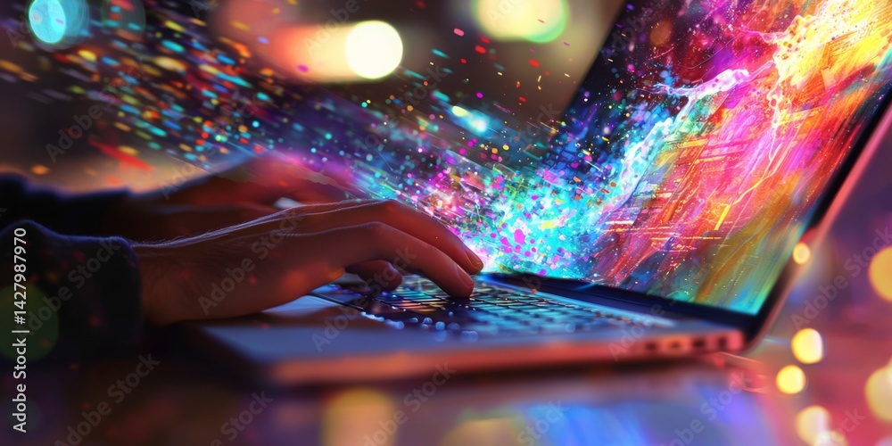Poster Hands of a designer using laptop and smartphone while working on colorful digital graphics and layouts in a bright, modern workspace