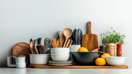 Wooden shelf with a variety of kitchen utensils and dishes, including a bowl of lemons