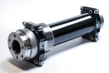 Close-up of a sleek black and silver hydraulic cylinder with precision engineering details, showcasing industrial technology and power