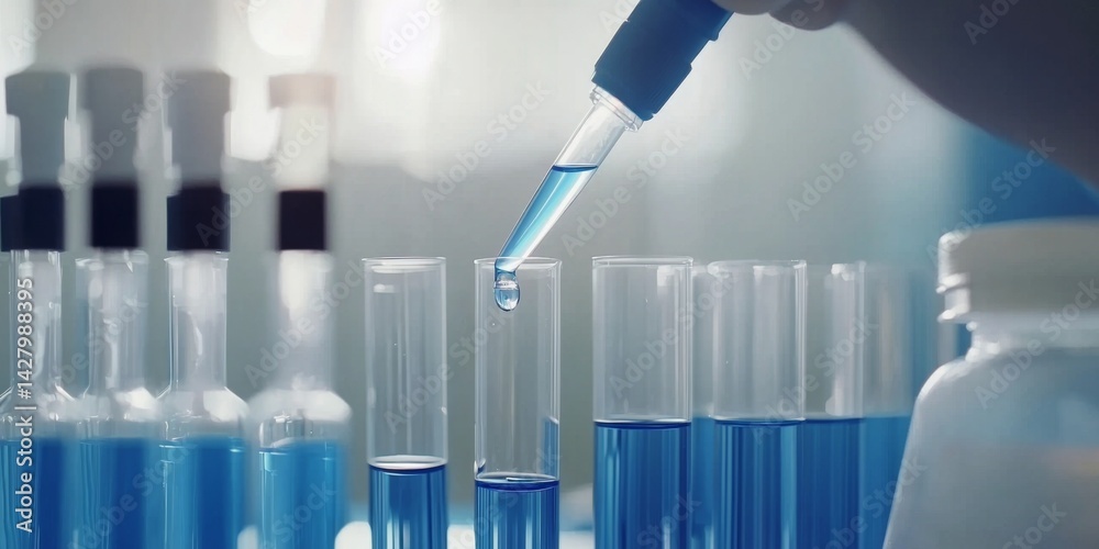 Poster close-up of pipette adding liquid to clear test tube in laboratory setting with blue and white backg