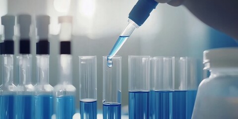 Close-Up of Pipette Adding Liquid to Clear Test Tube in Laboratory Setting with Blue and White Background for Scientific Research and Experiments