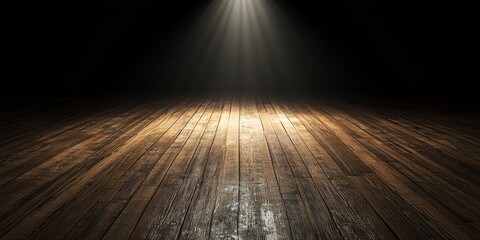 Dramatic Dark Background With Wooden Floor Under A Single Spotlight Illuminating The Empty Space For Unique Artwork Or Performance Presentations