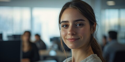 Young professional woman smiling at the camera in a modern office environment with colleagues working at their desks and computers in a bright setting