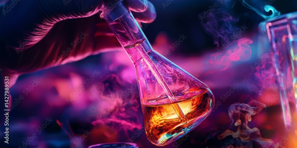 Poster Close-Up of Scientist Hand Holding Laboratory Flask with Colorful Chemical Liquid and Pipette in Modern Research Environment
