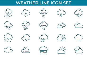 Weather editable stroke outline icons set. Clouds, wind, rain, sun, weather forecast, snow, moon, snowflakes and storm. Vector illustration