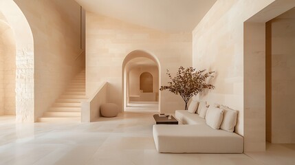 Fototapeta premium Modern minimalist living room design contemporary home interior space warm environment wide angle view serenity concept