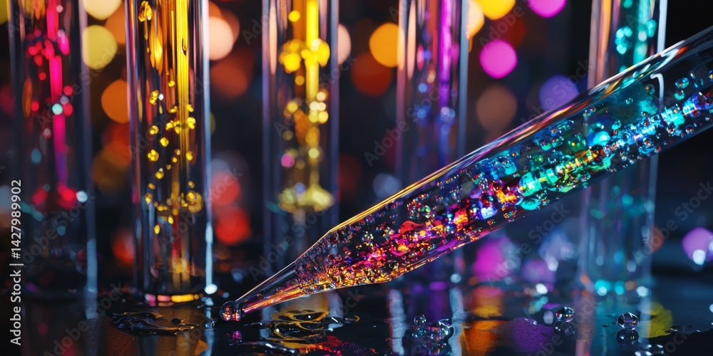 Poster Precision laboratory pipette filled with colorful liquid above test tubes with chemical structures in background illuminating modern scientific research environment
