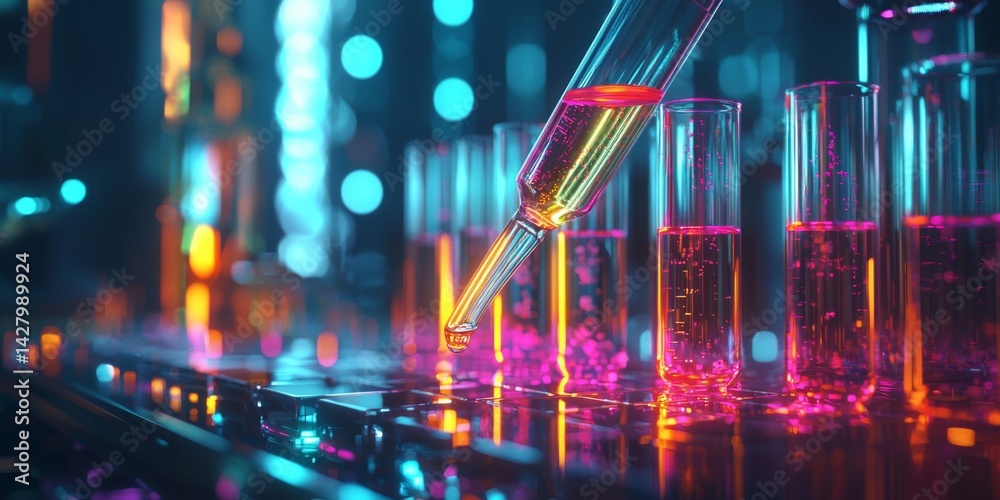 Poster Precision laboratory pipette filled with colorful liquid above test tubes with chemical structures in background illuminating modern scientific research environment