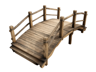 Rustic wooden footbridge arch bridge design model 3d render aged wood on transparent background old