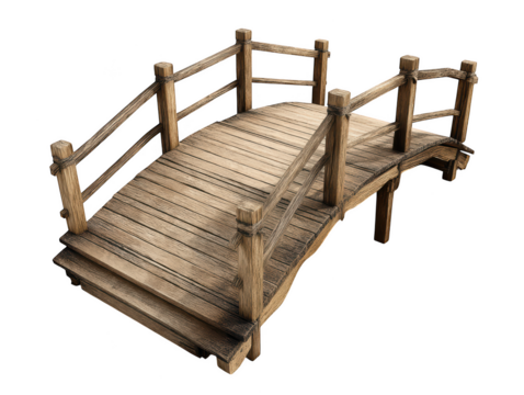Rustic wooden footbridge arch bridge design model 3d render aged wood on transparent background old - Powered by Adobe