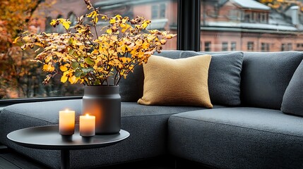 Cozy autumn decor modern living room interior styling urban environment warm lighting seasonal aesthetics