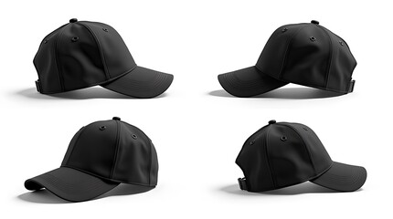 Four dark gray baseball caps studio product photography