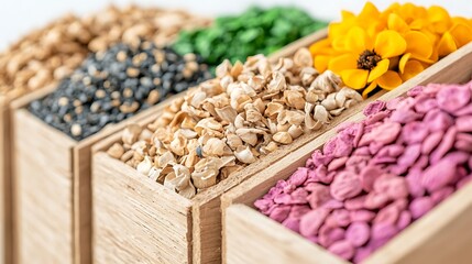 Exploring colorful dried flower petals and seeds natural workshop decorative crafts indoor close-up artistry inspiration