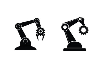Robotic arms holding gear silhouette set manufacturing technology vector illustration