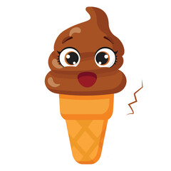 Worried chocolate ice cream cone character with concerned eyes Anxious frozen dessert 