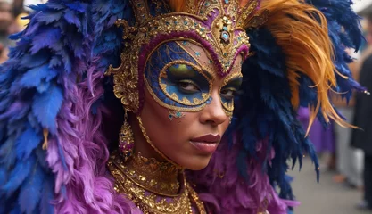 Fototapete Karneval A woman in an elaborate feathered gold and blue mask and costume poses at the Notting Hill Carnival surrounded by a festive crowd in a bright and colorful street scene  © Aliaksandr Nemankou