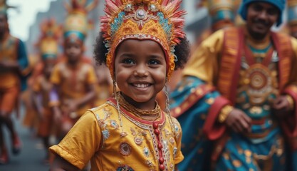 Fototapeta premium Happy child dressed in a bright yellow and blue jeweled costume with feathered crown smiles joyfully among dancers during the Notting Hill Carnival street parade
