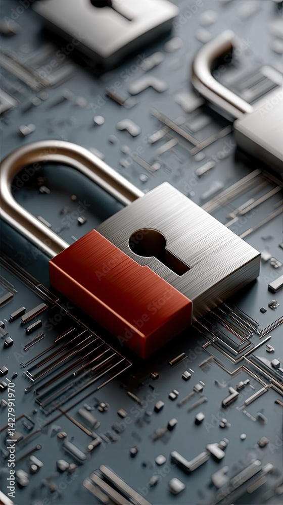 Poster glowing red abstract lock symbol with circuit patterns and data streams, symbolizing cybersecurity i