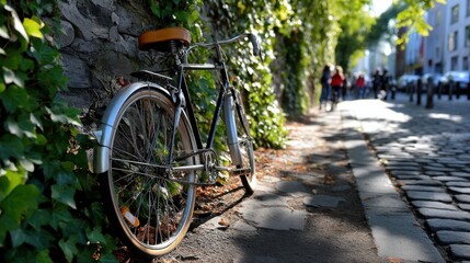 Fototapeta premium Vintage Bicycle Leaning Against Stone Wall on Sunlit City Sidewalk with Pedestrians in Background