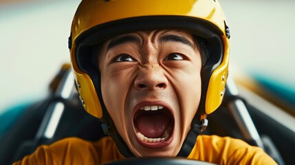 Young man in a yellow helmet is screaming while driving a go kart. Concept of excitement and adrenaline rush, as the man is fully immersed in the experience
