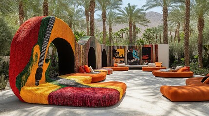 Vibrant outdoor lounge area with colorful furniture and art