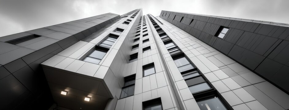 Tall building showcases modern architecture with a geometric pattern against a cloudy backdrop, captured from a low angle.