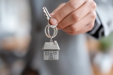 Close Up of Hands Holding Silver House Keyring Keys, Grey Suit, Home Purchase Concept