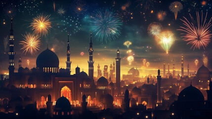 Illuminated Mosque with Colorful Fireworks Celebrating Islamic New Year in a Glowing Night Cityscape of Spiritual Joy

