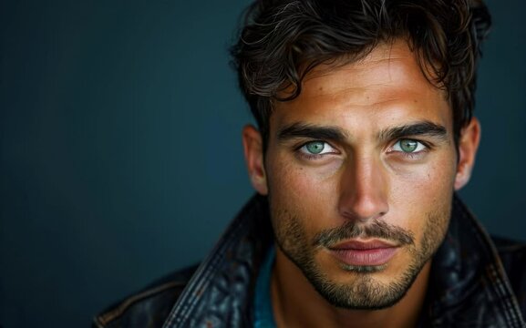 A man with a beard and green eyes is wearing a leather jacket. He has a serious expression on his face