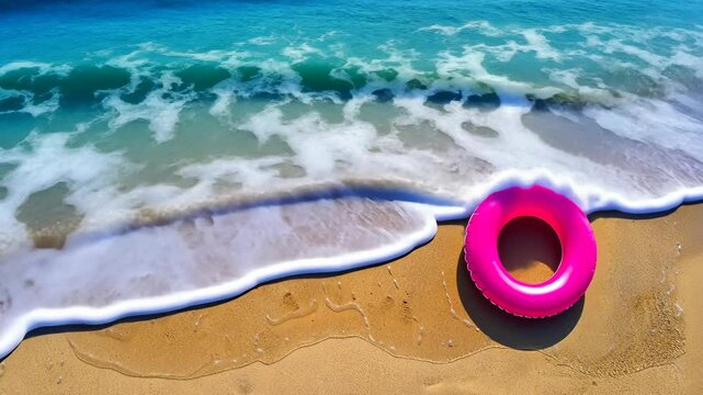 A vibrant pink float lies on a sandy shore as calm waves lap gently against it, creating a peaceful beach atmosphere