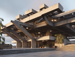 Obraz premium Brutalist Building: A modern concrete structure with architectural beams and block-like forms against a cloudy sky, minimalist style.