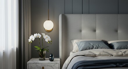 Serene Bedroom Interior Design with Modern Lighting and Orchid