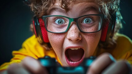 Young boy is playing a video game and is wearing glasses and headphones. He is making a loud noise, which suggests that he is excited or surprised by something in the game