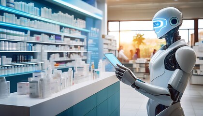 Futuristic Robot Assistant in Pharmacy Checking Inventory with Digital Tablet and Shelves Full of Medications