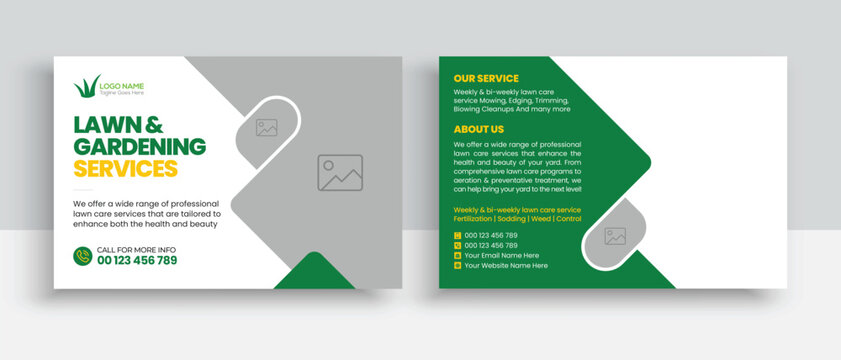 Lawn Mower Garden or Landscaping Service Postcard Template. Eddm Postcard Design, Event Card Design, Direct Mail Template, Invitation Design. leaflet, grass, equipment, gardener