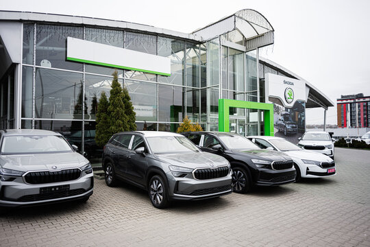 Front view of multiple Skoda cars in showroom display area