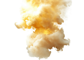 A vibrant burst of golden smoke swirls and floats against a clean backdrop, creating a captivating visual display full of energy and movement on transparent background.