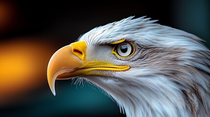 Obraz premium Close up of an eagle's head with a yellow beak and yellow eyes. Concept of power and strength, as the eagle's gaze is intense and focused