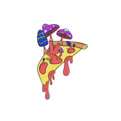 Psychedelic slice of pizza with surreal mushrooms sprouting from the cheese and crust, featuring vibrant colors, trippy.