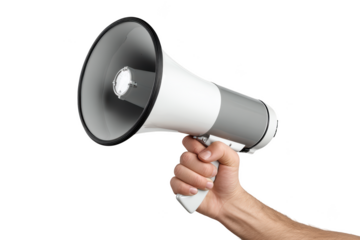 Hand holding a grey and white loudspeaker megaphone announcement man arm on transparent background