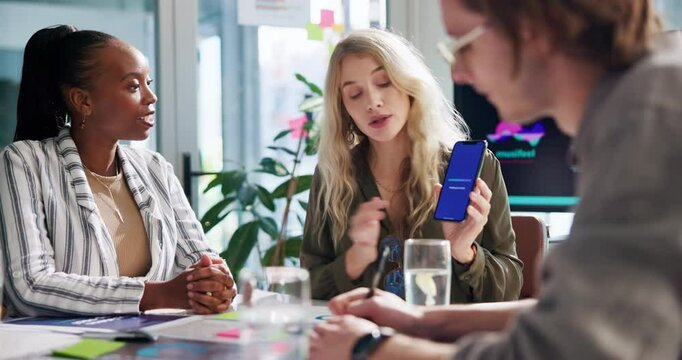 Business people, office and presentation for app development, phone screen and UI design tutorial. UX developer, stakeholders and testing of user interface homepage, explain function and usability