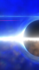 Glowing cosmic horizon with planetary edge and radiant blue light in deep space