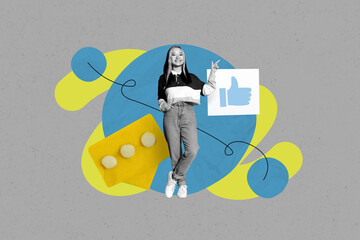 Poster sketch collage of person with 3d comment like icon point finger on grey background