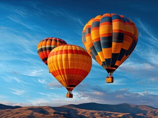 Obraz premium three colorful hot air balloons flying high in a clear blue sky over a mountainous landscape du daytime with vibrant striped patterns and floating baskets