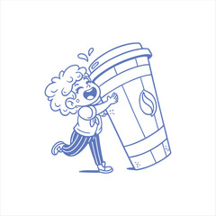 Cute Kid Hugging Giant Coffee Cup – Playful Cartoon Line Art Illustration