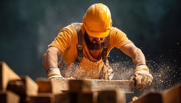 Man in a yellow shirt and a hard hat is working with wood. He is wearing gloves and he is focused on his task