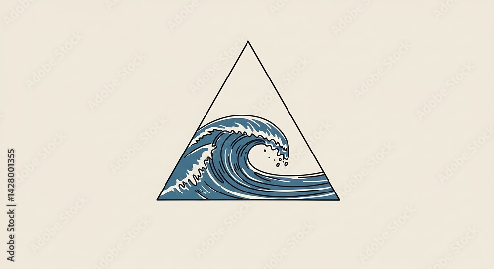 Fototapete Wave crashing into a triangle, single-line contour, abstract ocean symbolism, scalable simplicity