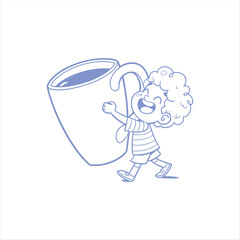 Cute Kid Hugging Giant Coffee Cup – Playful Cartoon Line Art Illustration