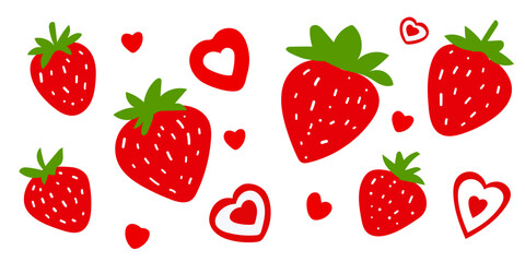 
Set of red strawberries, vector illustration of juicy berries with green leaves, isolated on white background, simple and bright flat style